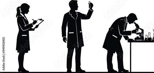 Laboratory scientists silhouettes set, chemistry research experiment professionals, medical science lab equipment vector illustration concept
