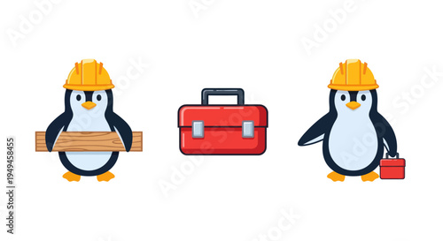 Penguins wearing hard hats construction workers.