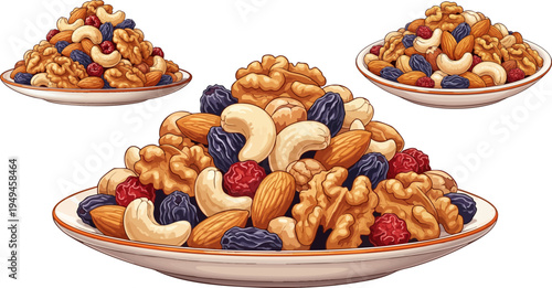 Delicious Assortment of Mixed Nuts and Dried Fruits on White Plates Vector Illustration for Healthy Snacking and Food Concepts