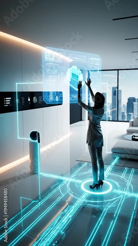 Woman in modern smart home with futuristic technology and city view