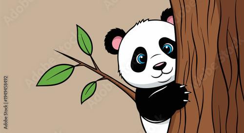 Cute cartoon baby panda peeking from behind a brown tree trunk with green leaves, featuring a playful black and white bear with blue eyes, vector illustration for children's designs and nature