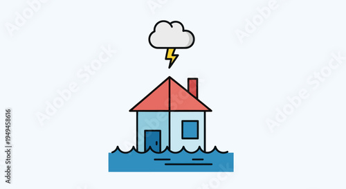 House in flood waters with lightning.