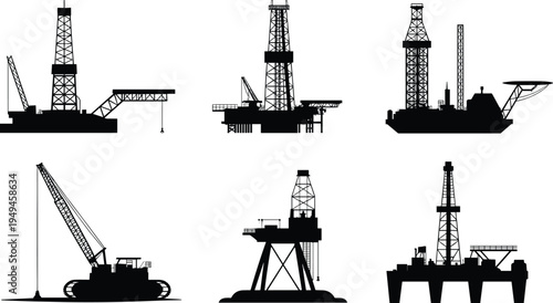 Offshore oil rig platform silhouettes, petroleum drilling industry equipment vector illustration isolated energy engineering construction concept