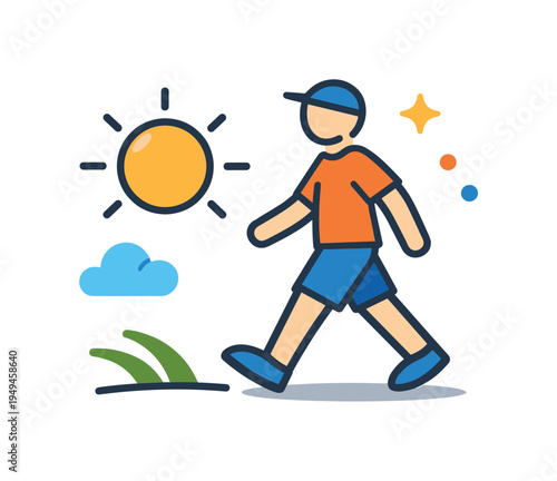 Outdoor recreation and energetic lifestyle centered on enjoying physical activity and staying active throughout daily life, a walking person figure beside a simple sun icon
