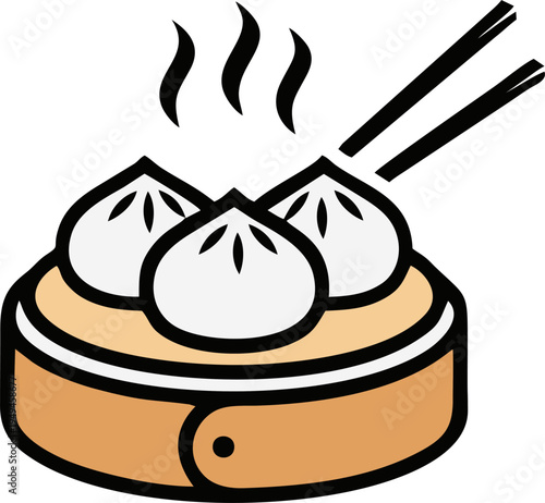 Hot Steaming Dim Sum In Bamboo Basket Vector