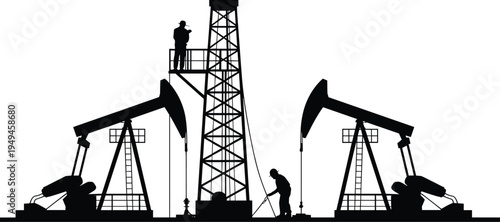Oil pump jack drilling rig silhouette, petroleum extraction industry workers energy production vector industrial illustration