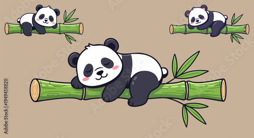 Cute Cartoon Panda Bears Sleeping on Green Bamboo Branches Vector Illustration Set for Nature, Wildlife, or Relaxation Designs