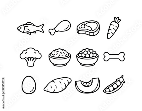 Natural pet food ingredients: raw fish, chicken leg, beef meat cut, carrot root, broccoli floret, rice grains bowl, kibble bowl, dog bone, egg whole, sweet potato, pumpkin wedge
