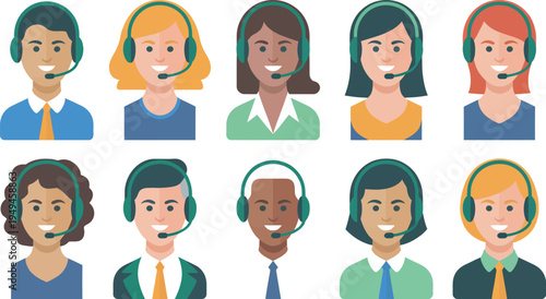 A diverse group of cartoon people wearing headsets engage in a meeting.