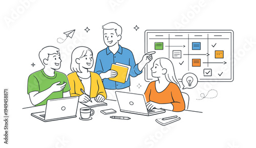 A business collaboration scenario where colleagues work together at a shared desk space while managing tasks and communicating ideas during a daily office routine, visual metaphor