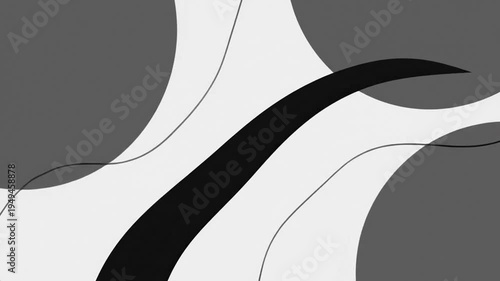 Abstract grayscale shapes with curved lines and color gradients.