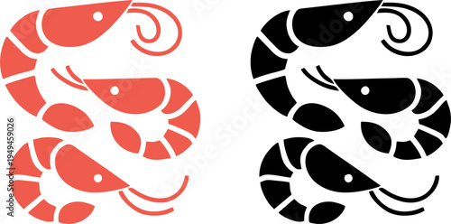 Fresh Prawn Shrimp Seafood Icon Silhouette Set Vector