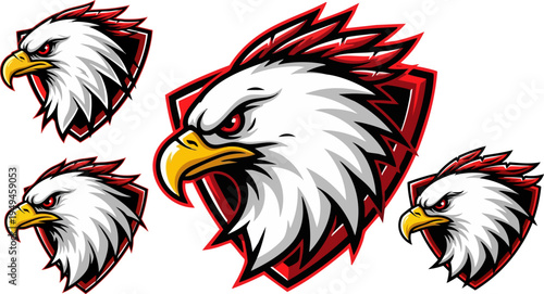 Set of 4 aggressive eagle head vector illustrations with red accents and shield backgrounds, perfect for sports mascots, logos, and branding designs.