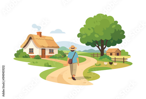 A peaceful rural village daily life scene showing a resident walking along a quiet path through a small countryside settlement, represented with a simple cottage house, a large