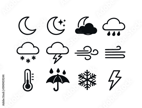 Dark theme weather symbols: crescent moon, moon with small stars, cloud covering moon, cloud with rain drops, cloud with snowflakes, cloud with lightning bolt, wind swirl lines