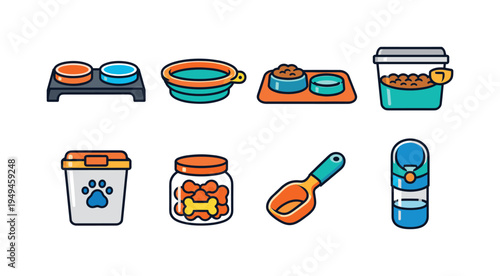 Pet feeding accessories: double pet bowl stand, collapsible travel bowl, silicone feeding mat, food storage container, airtight kibble bin, treat jar container, pet feeding spoon