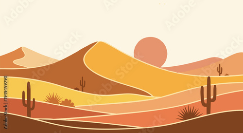 Minimalist Desert Landscape Vector Illustration with Sand Dunes, Cacti, and Setting Sun in Warm Earth Tones for Travel, Nature, or Background Designs