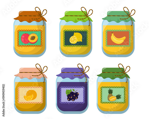 Vector set of various fruit jam jars with decorative covers, ribbons, and colorful labels, Collection of homemade preserves