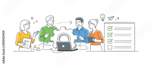 Professionals coordinating a complex workflow during a collaborative planning meeting, several coworkers gathered around a large gear connected to a laptop while a simple checklist