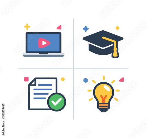 Online learning and digital education tools enabling accessible knowledge and skill development for students and professionals in remote environments, four cohesive icons including