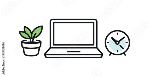 Healthy focus and calm productivity during a structured work session, a simple desk plant placed beside a laptop and a small clock forming a clear visual metaphor for balanced work