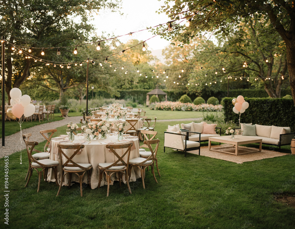 Obraz premium Open-air festivity arrangement featuring tables, seating arrangements, floral displays, balloon decorations, and comfortable lounging furnishings spread across a verdant lawn adorned with suspended