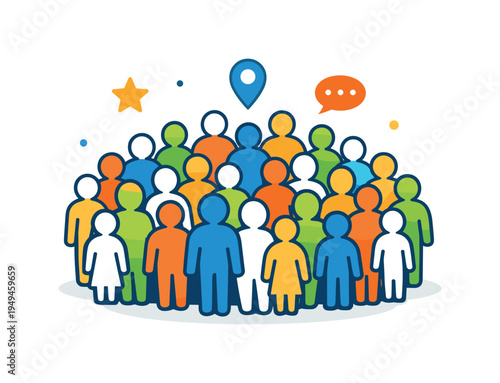 Large group illustration focused on representing society and collective human presence in a simplified visual form, many small human silhouettes gathered together forming a clear