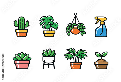 Garden plants collection: cactus plant, monstera leaf plant, hanging plant pot, watering spray bottle, succulent plant, plant pot with stand, indoor palm plant, seedling sprout pot