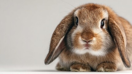 A cute brown rabbit with long ears lies on a white surface looking directly at the camera.