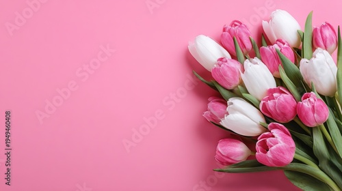 A bouquet of pink and white tulips on a pink background