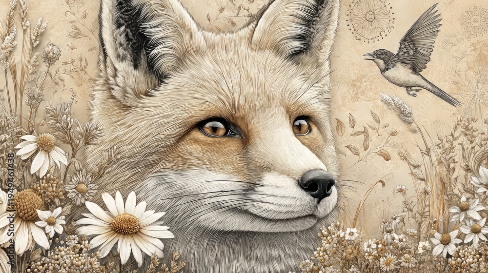 Fototapeta premium Artistic Illustration of a Red Fox in a Meadow with Floral Details