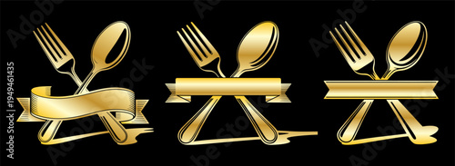 Elegant Luxury Golden Cutlery Restaurant Emblem Logo Set with Fork Spoon and Ribbon Vector Illustration with Customizable Banner
