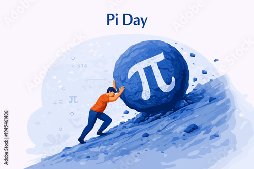 Pi Day Concept Illustration – Student Pushing Giant π Stone Uphill, Mathematical Struggle Metaphor, Flat Vector Style, Science Education, Mathematics Humor, March 14 Celebration Design