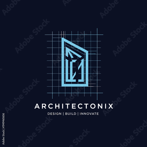Architectonix Logo with Stylized Building Structure and Grid Blueprint Background Representing Design Build Innovate