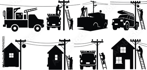 electrician, powerline, worker, utility, repair, maintenance, electricity, lineman, ladder, truck, pole, service, technician, silhouette, vector