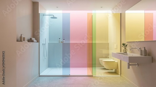 Modern bathroom interior with colorful glass partitions. Stylish minimalist shower room with translucent screens. Contemporary home design element, architecture and apartment renovation.FunHaus