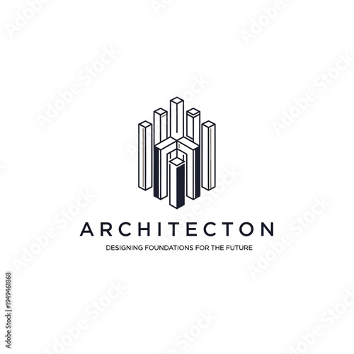 Abstract modern block buildings forming a city silhouette, architectural firm logo on isolated white background