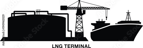 LNG terminal industrial silhouette with cargo ship, storage tank, crane, maritime energy transport infrastructure concept