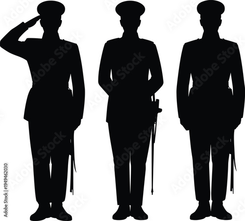 Military soldiers silhouette, standing salute pose, armed guards uniform, army personnel formation, security defense concept