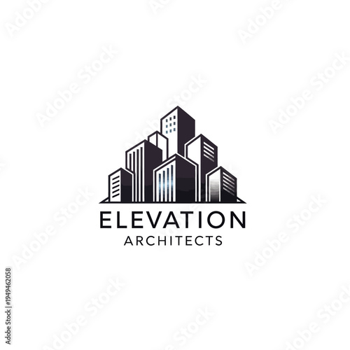 Elevation Architects Logo with Abstract City Buildings Design on Isolated White Background