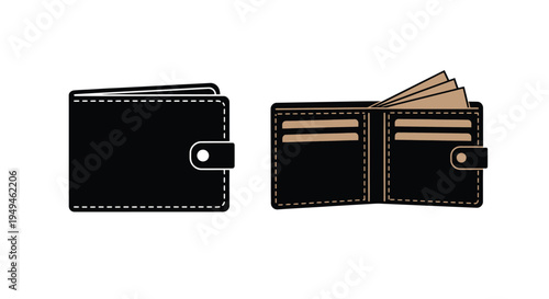 Black leather wallet illustration closed and open views showing money
