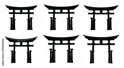 Six black torii gate silhouettes arranged in a grid pattern