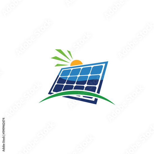 Modern solar panel logo with rising sun rays and green energy elements on an isolated white background.