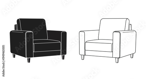Two identical armchairs presented in contrasting black and white outlines