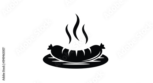 A black silhouette of a grilled sausage with steam rising on a plate