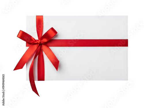 A white gift card with a red ribbon tied in a bow
