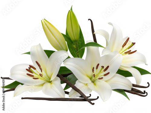 A bouquet of white lilies with green leaves