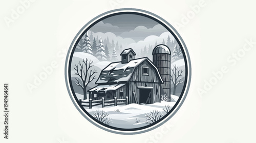 Rustic Winter Barn and Silo in a Snowy Landscape Engraving.