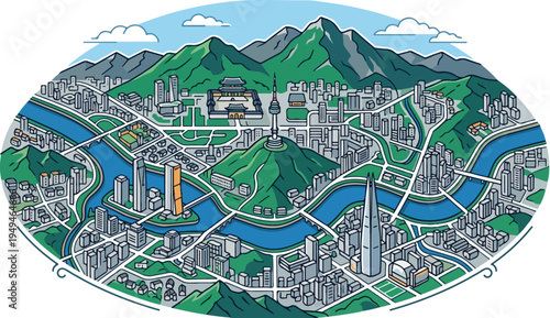 Vibrant Hong Kong Cityscape with Mountains and Rivers.