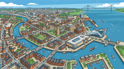 Vibrant cartoon aerial view of a bustling city with a river and bridges.